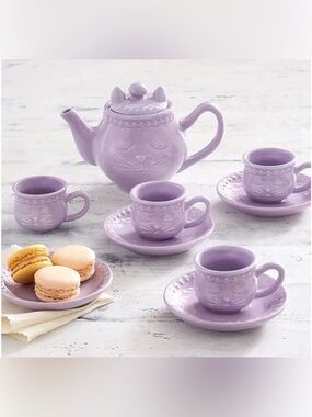 Pottery Barn Kids Kitty Tea Set 4 Cups, Saucers, Teapot Purple Cat